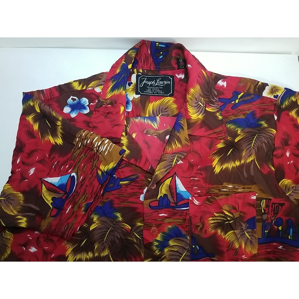 Joseph Laurin Mens Medium Hawaiian Shirt Short Sleeve Button Up Red Tropical
